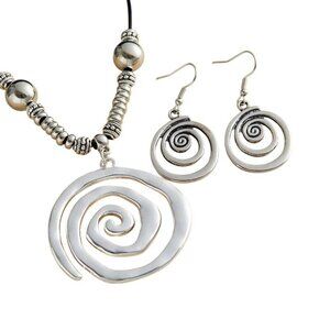 Boho Spiral Necklace & Earrings Set – Silver Alloy Swirl Pendant Jewelry NEW